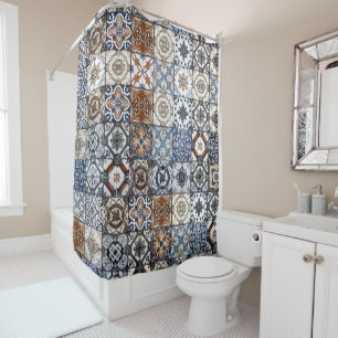 Talavera Mexican Tile Pattern Blue Douchegordijn