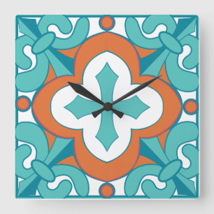 Talavera Tile Clock - Oranje & Turquoise Vierkante Klok
