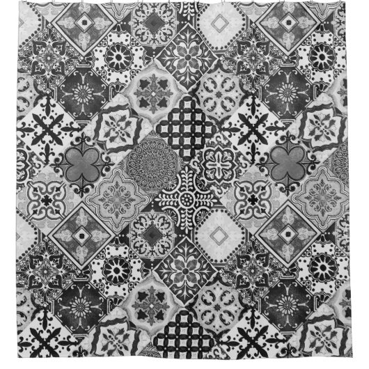 Talavera Tles Black White Grey Douchegordijn (Voorkant)