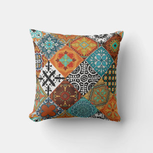 Talavera Tles Turquoise Teal Oranje Zwart Wit Kussen