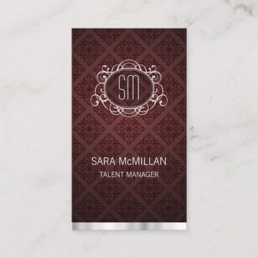 Talent Manager Elegant Red Damask Monogram Visitekaartje (Voorkant)