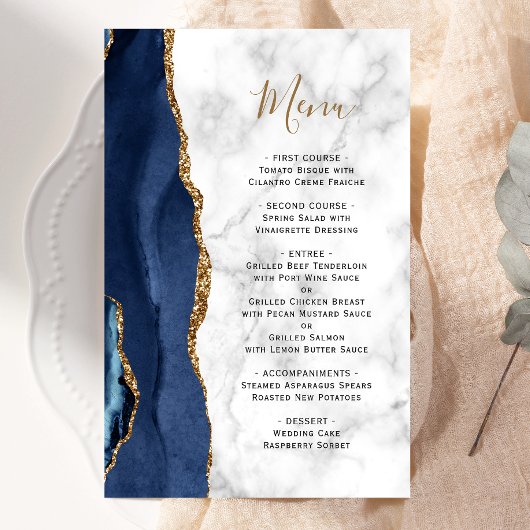 Tall Budget Marine Blue Agate Marble Wedding Menu