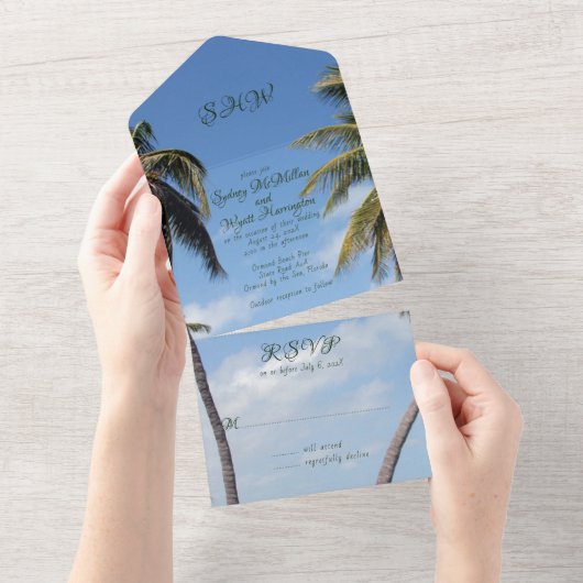 Tall Palm Trees Tropical Wedding All In One Uitnodiging (Afscheurbaar)