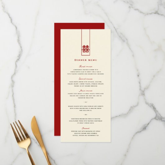 Tall Rectangle Double Happiness Chinese Wedding Menu (Voorkant / Achterkant in situ)