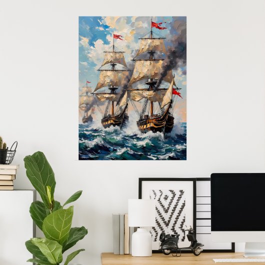Tall Ships op een razend Zee Poster (Thuiskantoor)