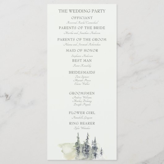 Tall Timber Waterverf Evergreen Trees Wedding Programma (Achterkant)