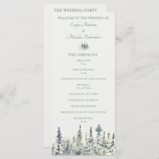 Tall Timber Waterverf Evergreen Trees Wedding Programma (Voorkant / Achterkant)