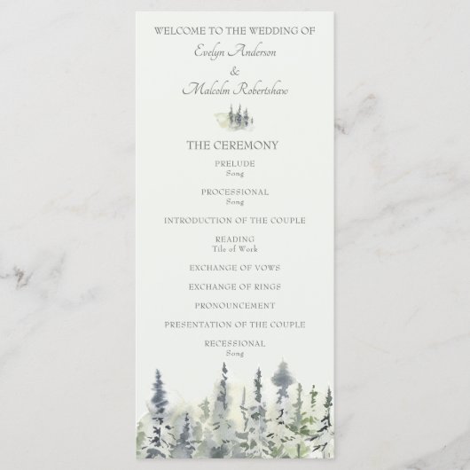 Tall Timber Waterverf Evergreen Trees Wedding Programma (Voorkant)