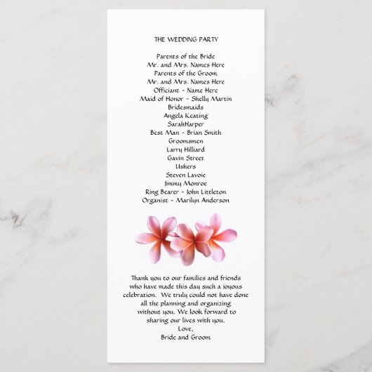 Tall Tropical Plumeria Wedding Programs Programma (Achterkant)