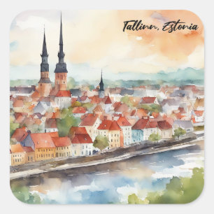 Tallinn Estland Aquarel Schilderij Panorama Vierkante Sticker