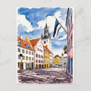 Tallinn Estland Street Waterverf Schilderij Briefkaart