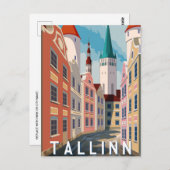 Tallinn Estonia Retro Travel Art Briefkaart (Voorkant / Achterkant)