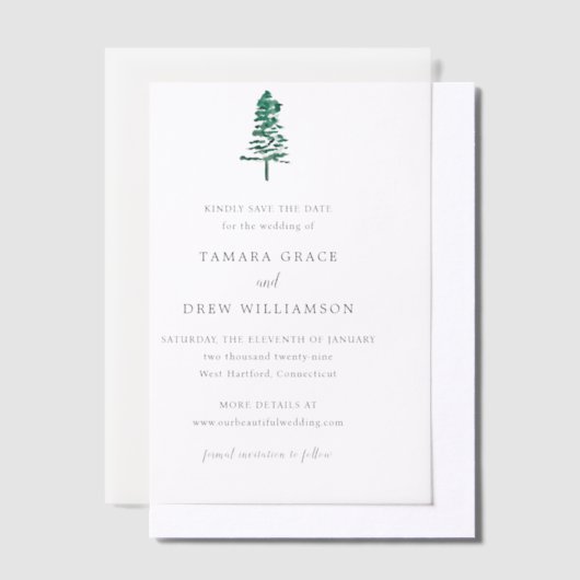 Tamara Pine Tree Modern Wedding Save the Date Vellum Uitnodigingen (Offset)