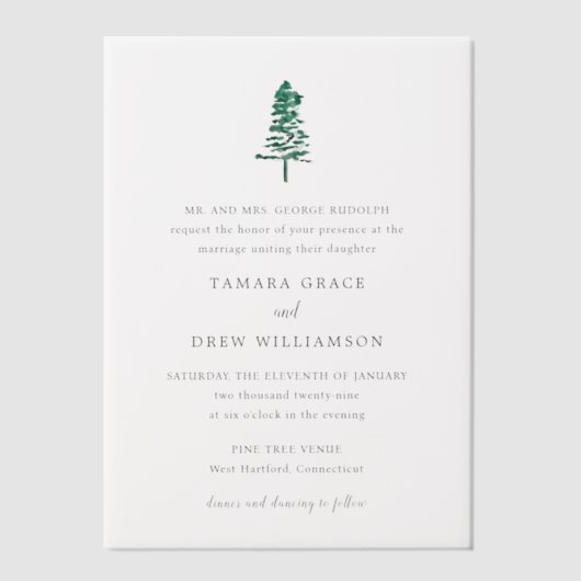 Tamara Pine Tree Moderne bruiloft Vellum Uitnodigingen (Voorkant)