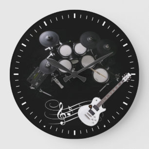 tambours noirs blancs et horloge murale de guitare