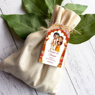 Tamil Zuid-Indiase bruiloft schattige karikatuur g Cadeaulabel
