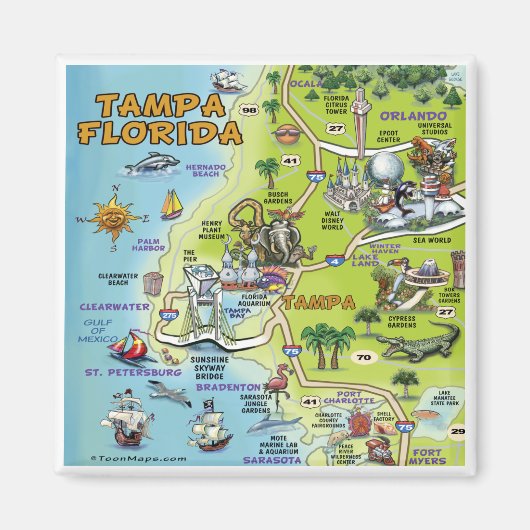 Tampa Florida Cartoon Map Magneet (Voorkant)