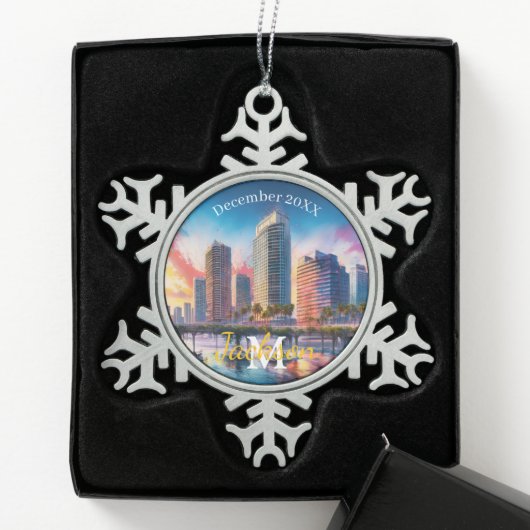 Tampa Skyline Snowflake Pewter Kerstversiering Tin Sneeuwvlok Ornament (Kistje)