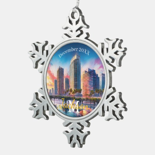 Tampa Skyline Snowflake Pewter Kerstversiering Tin Sneeuwvlok Ornament (Rechts)