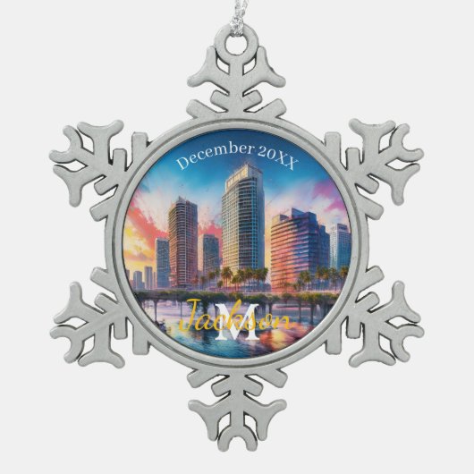 Tampa Skyline Snowflake Pewter Kerstversiering Tin Sneeuwvlok Ornament (Voorkant)