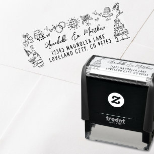 Tampon Auto-encreur Adresse de Retour de Mariage Fantaisiste Dessinée 