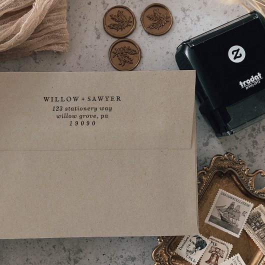 Tampon Auto-encreur Adresse de retour du Mariage de script rustique