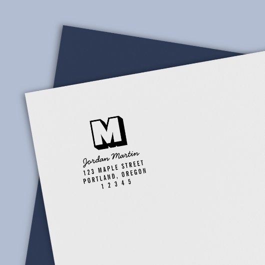 Tampon Auto-encreur Adresse de retour en monogramme et nom en écriture