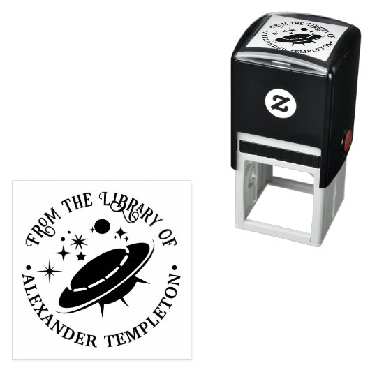 Tampon Auto-encreur Alien Spacship Extraterrestrial Library Nom du liv (En situation)