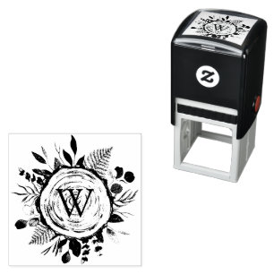 Tampon Auto-encreur Aquarelle Monogramme Paillettes et feuillage en bo