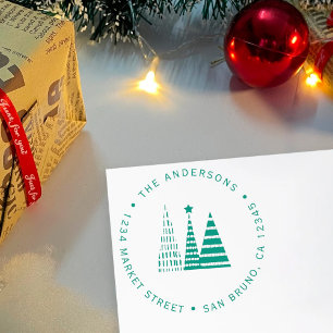 Tampon Auto-encreur Arbres de Noël verts Adresse de retour personnal