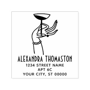 Tampon Auto-encreur Art Déco Lady Hand Holding Champagne Glass Adresse