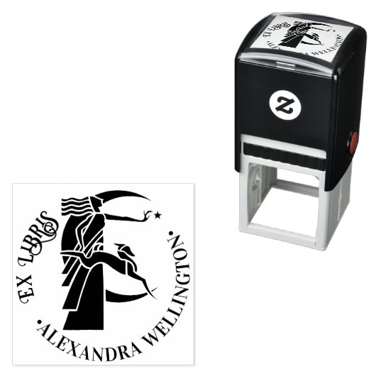 Tampon Auto-encreur Art Déco Lune Déesse Chien Star Ex Librairies Nom  (En situation)