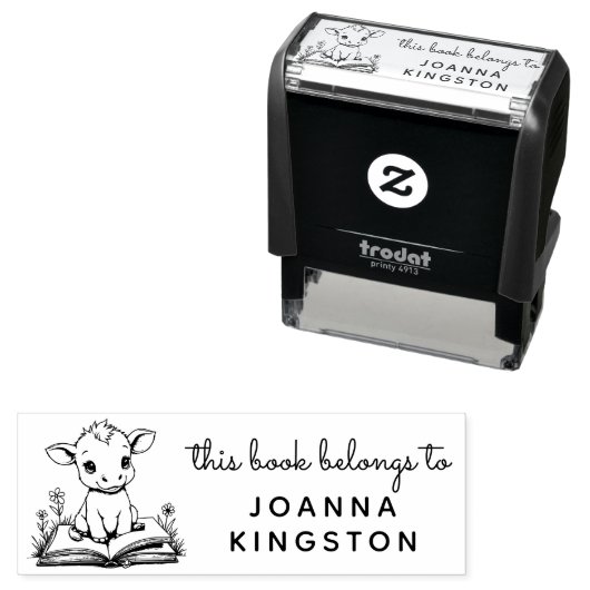Tampon Auto-encreur Baby Cow Storybook Ex Libris Timbre (En situation)