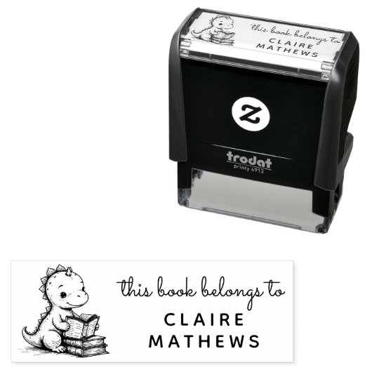 Tampon Auto-encreur Baby Dino Reader Ex Libris Timbre Personnalisé (En situation)