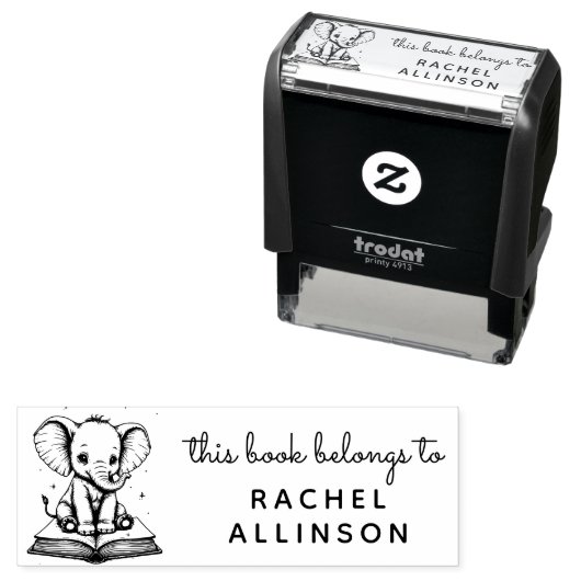 Tampon Auto-encreur Baby Elephant Scholar Ex Libris Stamp (En situation)