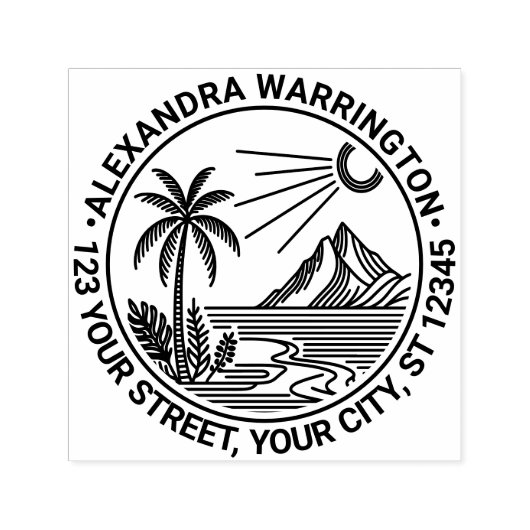 Tampon Auto-encreur Beach Palm Tree Mountain Nom du soleil Adresse de  (Design)