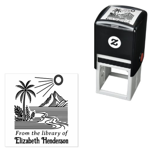 Tampon Auto-encreur Beach Palm Tree Mountain SQ Library Nom du livre (En situation)