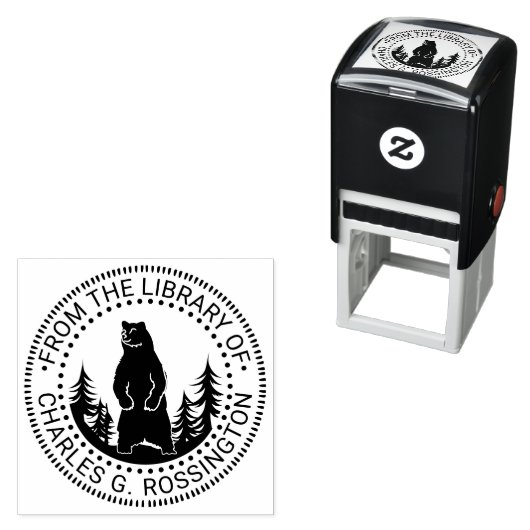 Tampon Auto-encreur Bear and Trees Silhouette Round Library Nom du liv (En situation)