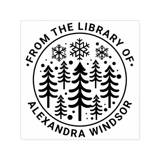 Tampon Auto-encreur Bibliothèque Fir Trees et Snowflakes Nom du livre (Design)