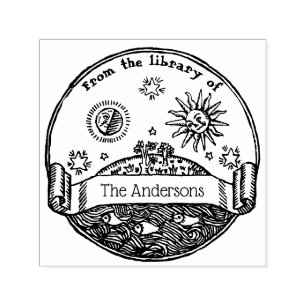 Tampon Auto-encreur Bibliothèque Terre Océan Étoiles Lune Soleil Livre