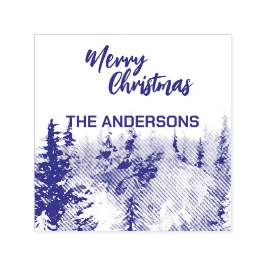 Tampon Auto-encreur Bleu Moderne Merry xmas arbres forêt pludeer (Design)