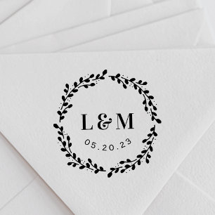 Tampon Auto-encreur Botanical Wreath Monogram Wedding Save the Date