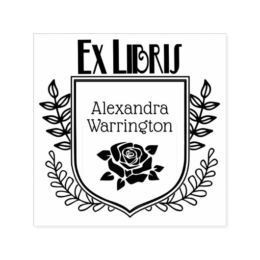Tampon Auto-encreur Botanique Crest Rose Ex Libris Nom du livre (Design)