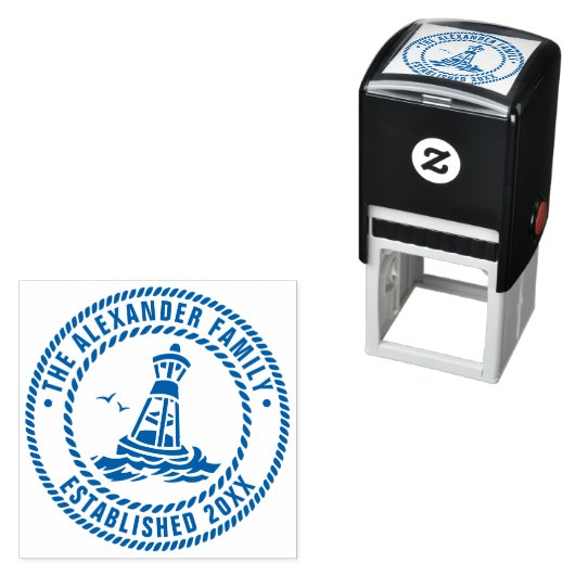 Tampon Auto-encreur Bouée océanique Mouettes Nom de famille Date Estd  (En situation)