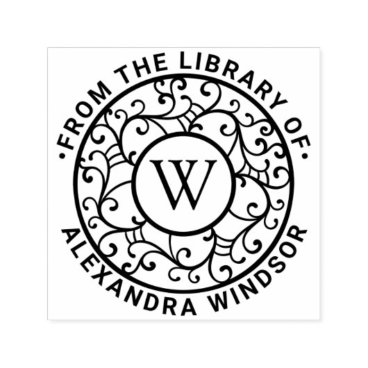 Tampon Auto-encreur Branches Dentelle Filigrane Nom Initial Bibliothèq (Design)