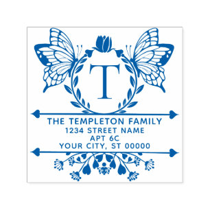 Tampon Auto-encreur Cadre de bordure papillon #2 Nom Initial Adresse