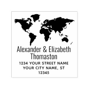 Tampon Auto-encreur Carte du monde silhouette couple nom adresse de re