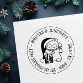 Tampon Auto-encreur Cat in Christmas Hat Round Address