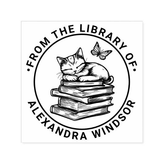 Tampon Auto-encreur Cat Sleeping on Books, Papillon Library Nom du liv (Design)