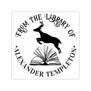 Tampon Auto-encreur Cerf sautant par-dessus le nom de la bibliothèque